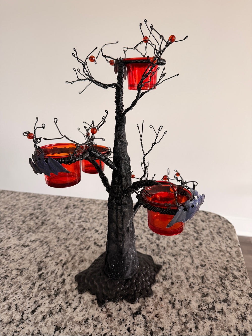 NEW Black Witches Hat Tree Votive Holder with Red Glass Cups & Bats - 17”x6”